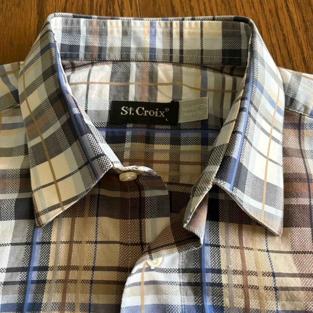 St. Croix Men‎ Button Down Shirt Large Tan Blue Plaid Cotton Italy Pocket EUC!